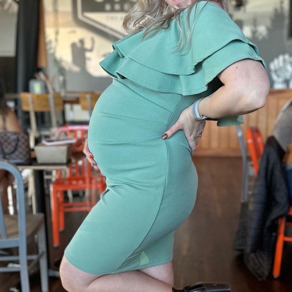 PinkBlush off shoulder maternity dress - medium sage color
